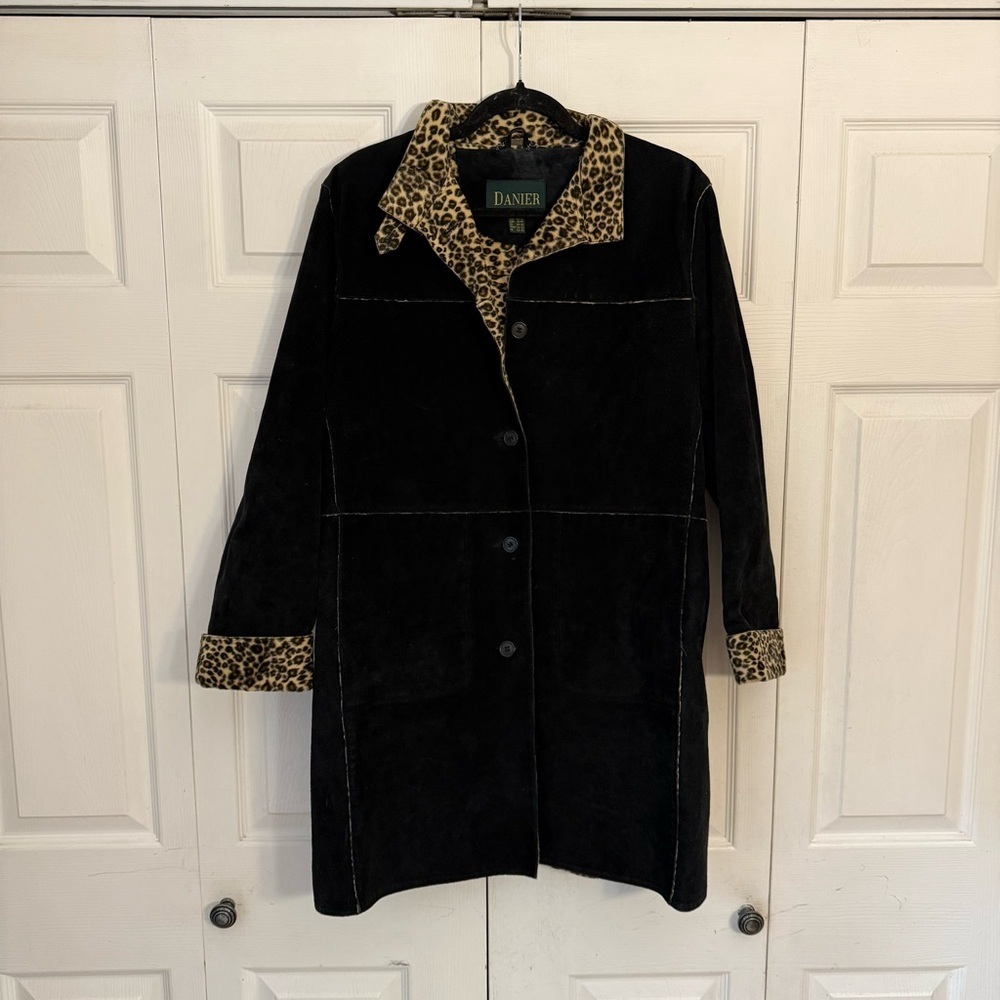 Danier Vintage Y2K Black Suede Leather Leopard Trim Women's Coat Medium